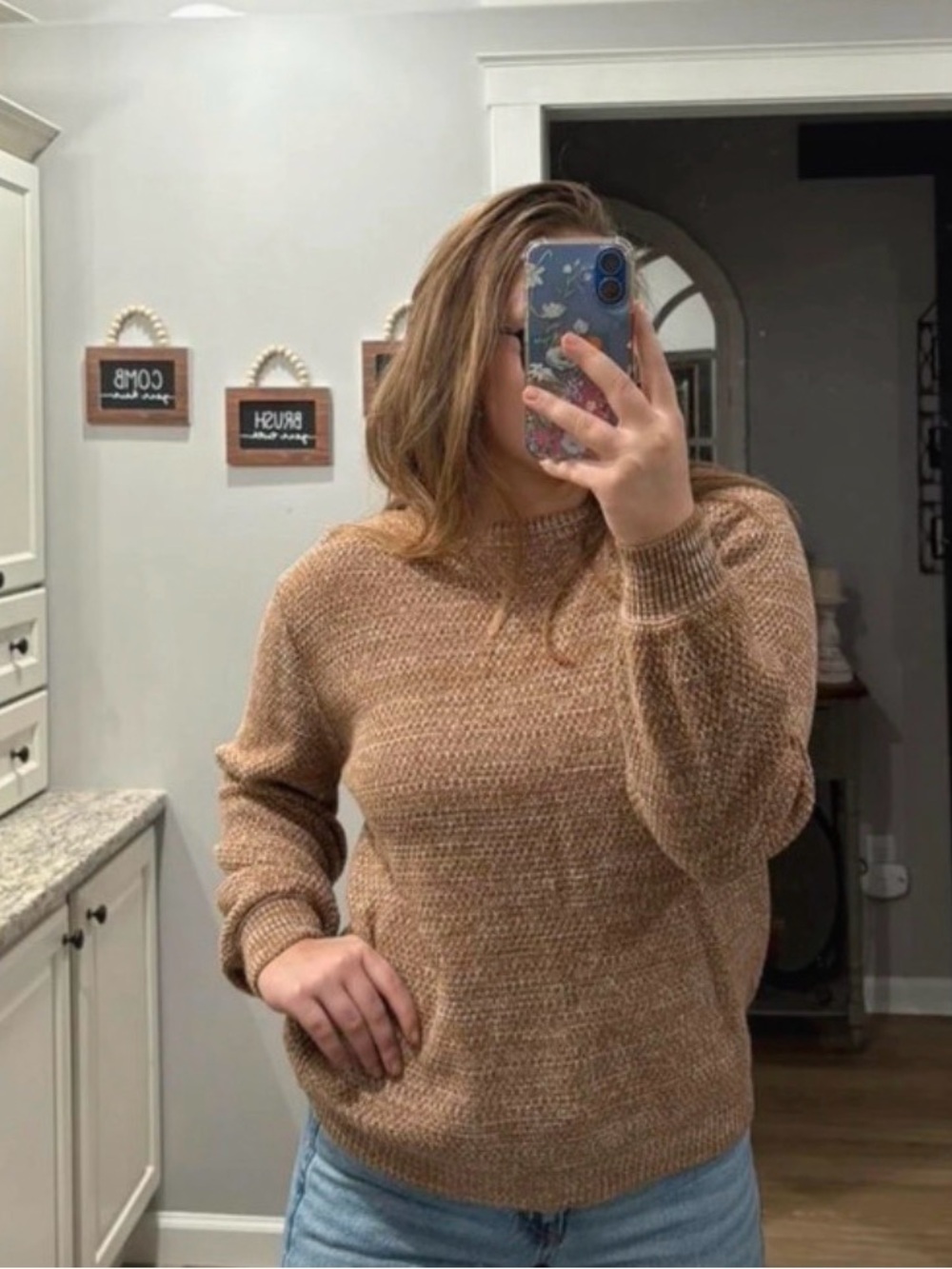 Zenana Outfitters Textured Crewneck Sweater in Camel Brown